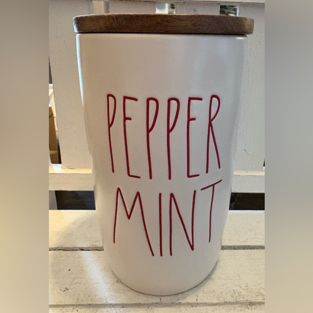 Rae Dunn White ‘Peppermint' Cellar with Red Text